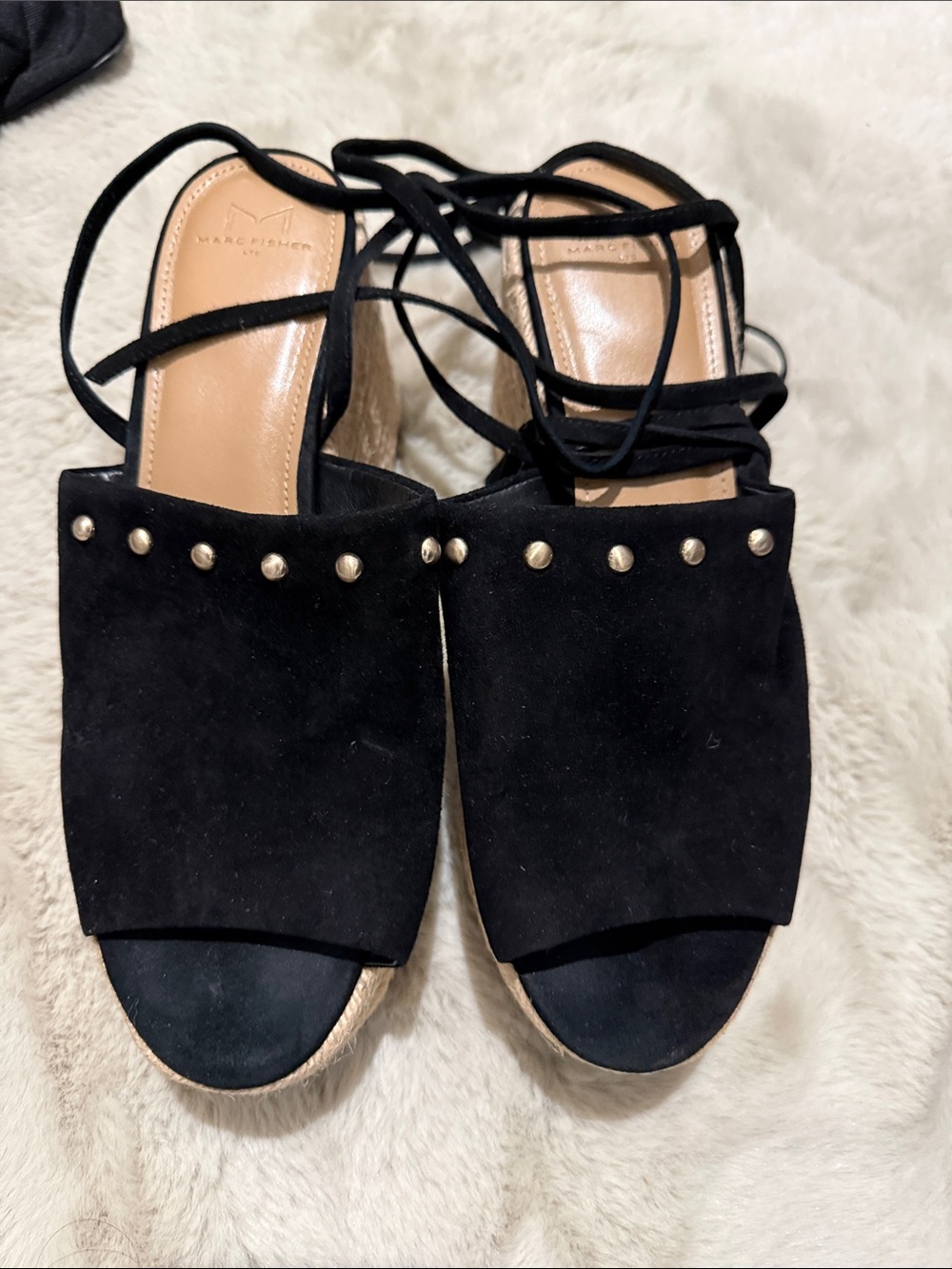 Marc Fisher Black Suede Studded Espadrille Wedges with Wrap Ties